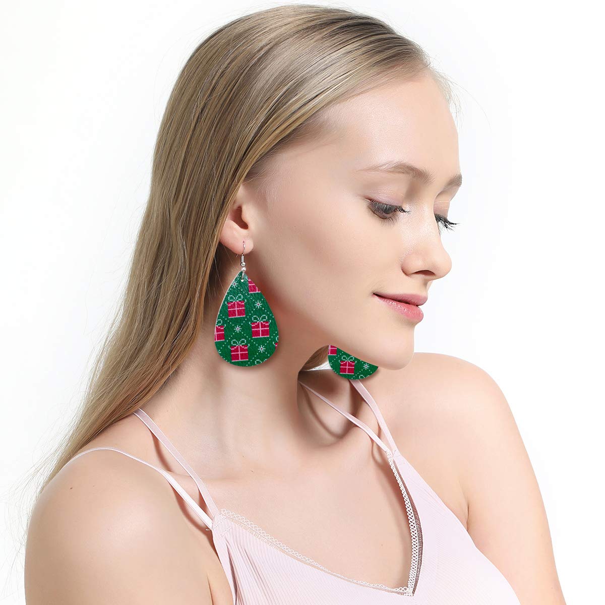 Christmas Faux Leather Earrings for Women Teardrop Dangle Earrings Plaid Petal Drop Earring Xmas Jewelry Accessory Gifts 16 Pairs AIDSOTOU