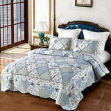 VIVILINEN Blue Floral Patchwork Quilt Set King Size Reversible Quilted Bedding Set with 2 Pillowcases VIVILINEN