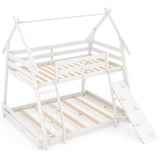 Costzon House-Shaped Twin Over Queen Bunk Bed with Climbing Nets and Ramp - White Wooden Kids Bed Costzon