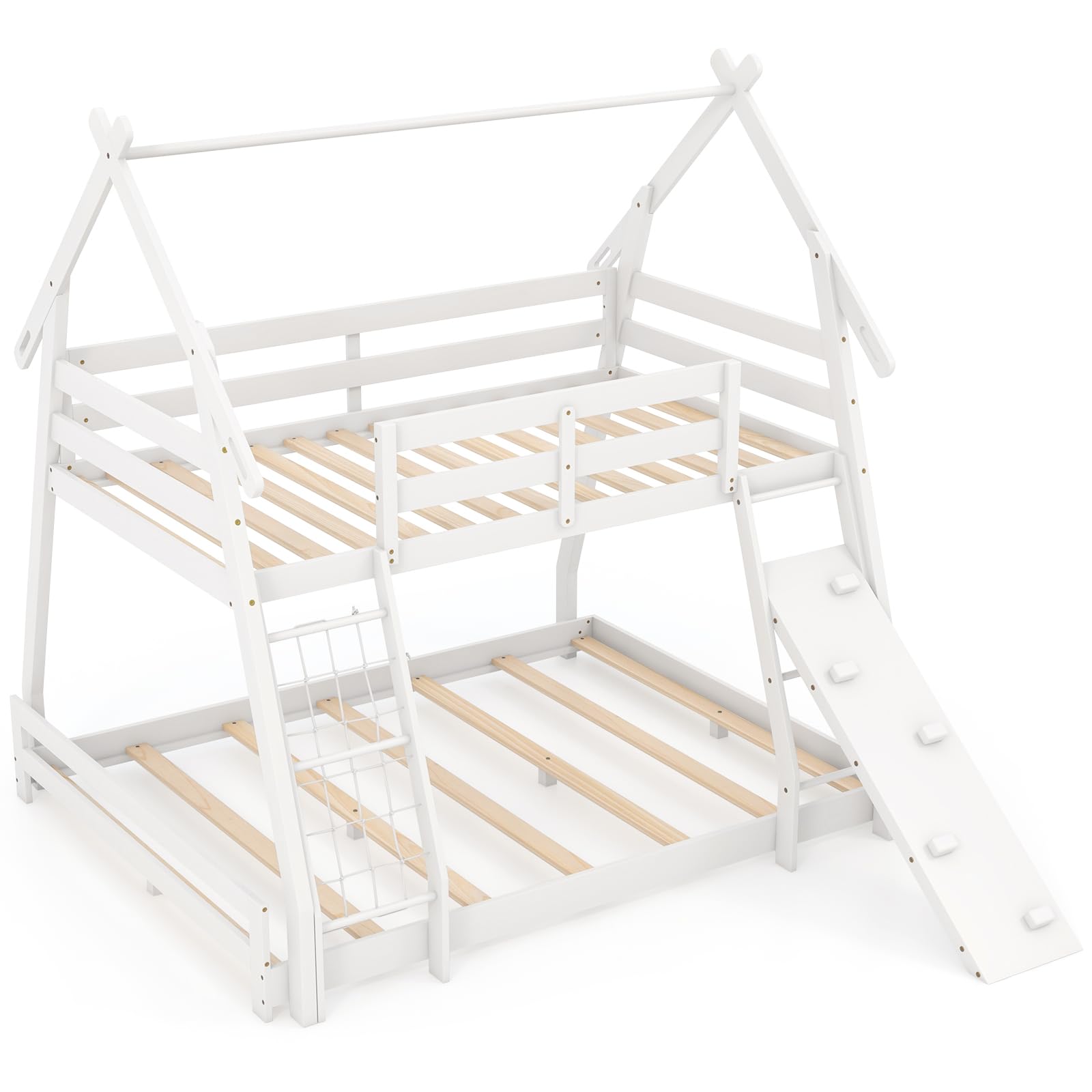 Costzon House-Shaped Twin Over Queen Bunk Bed with Climbing Nets and Ramp - White Wooden Kids Bed - WoodArtSupply