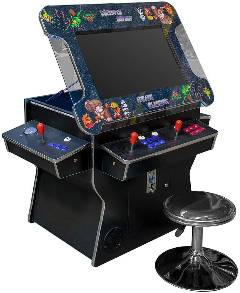 West State Gamerooms Cocktail Arcade Machine – Lift-Up Arcade Game Cabinet – Pre-Assembled 2 Player 3000 Retro Video Games Table with 26-Inch LCD Screen Track Ball and 2 Chrome Bar Stools West State Billiards