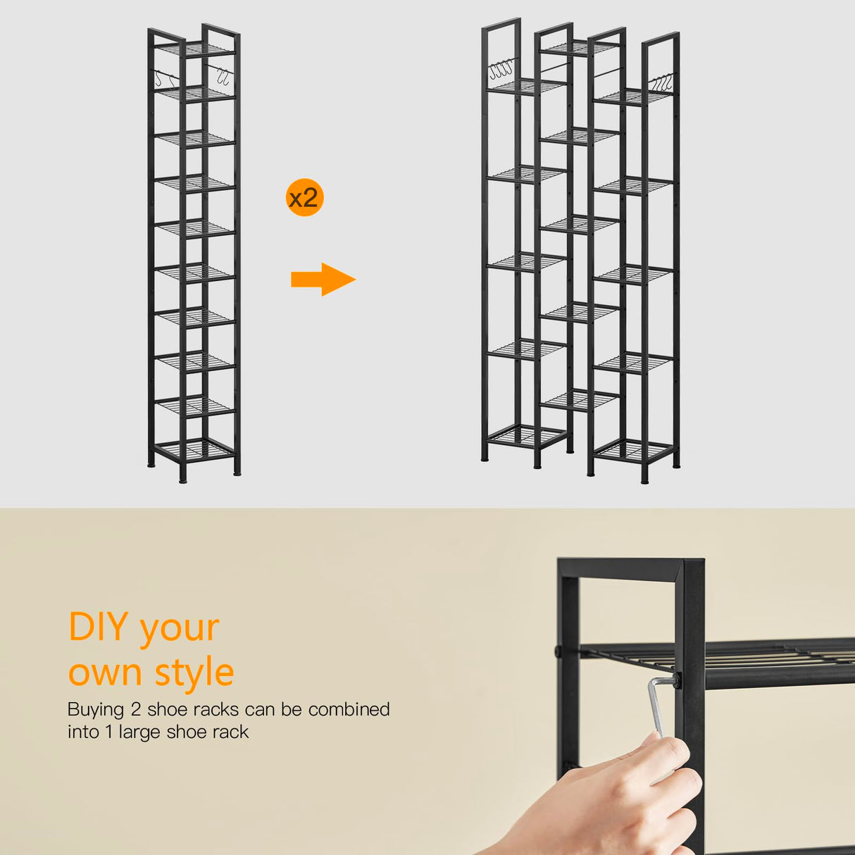 USIKEY 10 Tiers Narrow Shoe Rack for 10-20 Pairs - Sturdy Metal Tall Shelf With 4 Hooks, Slim Storage Organizer, Space Saving Vertical Design for Entryway, Closets - Black usikey