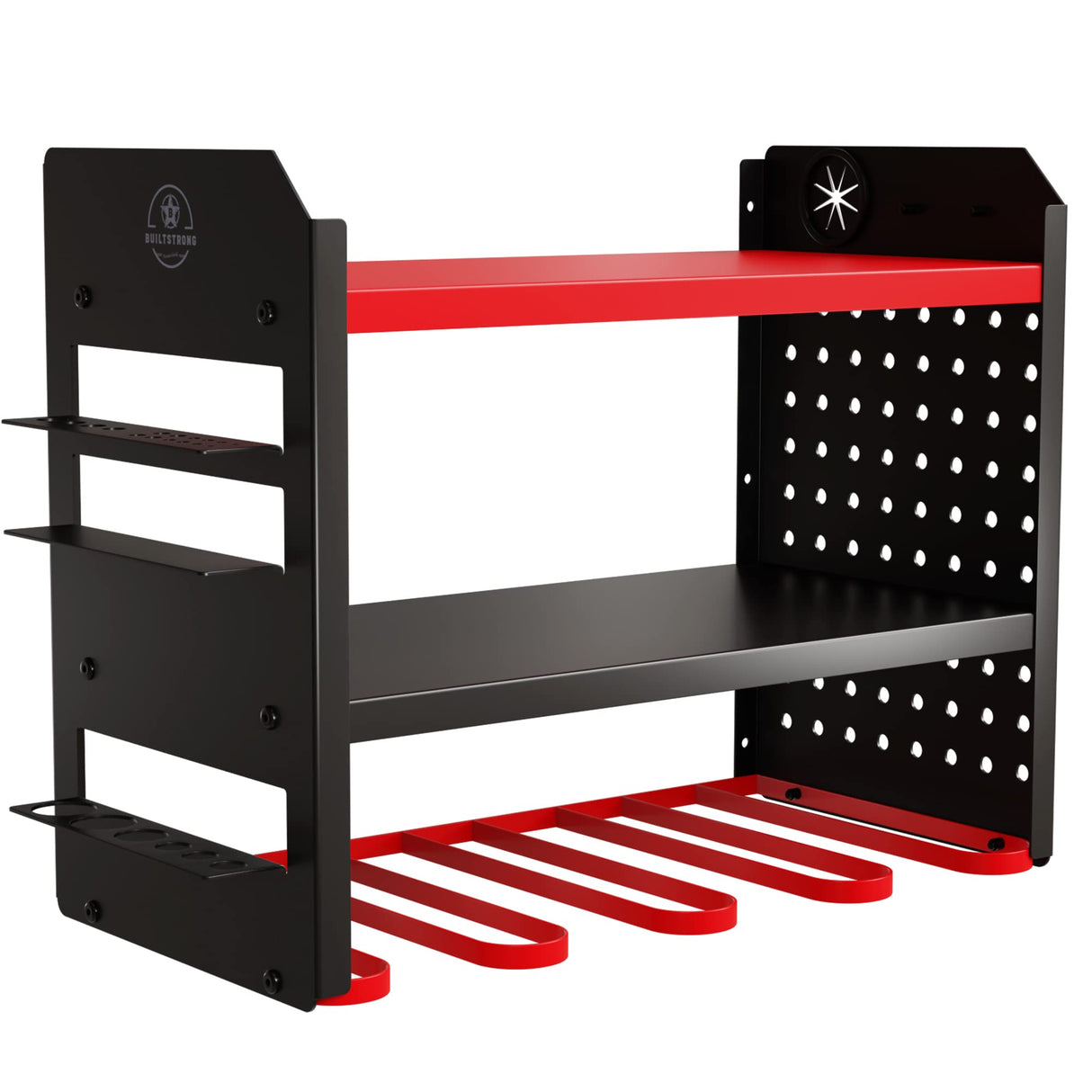 BUILTSTRONG Power Tool Organizer Wall Mount - 3-Tier Heavy-Duty Metal Hand Tool Storage Rack, Utility Racks, Drill Holder, PegBoard Side, & More - Garage Storage Cordless Tool Organizer (Red) BUILTSTRONG