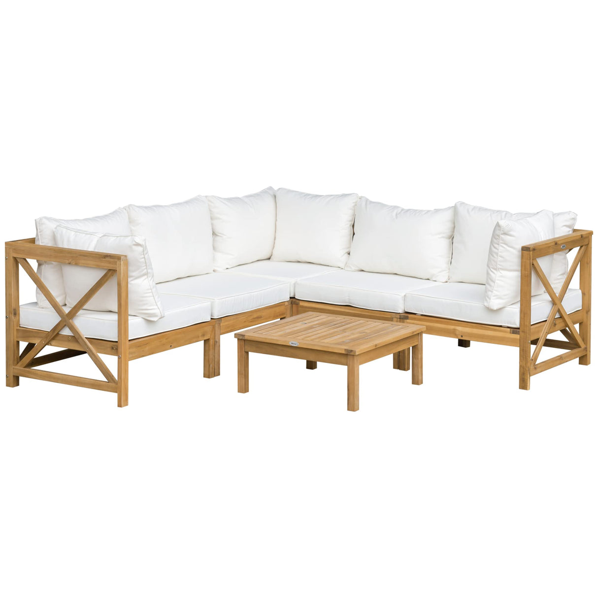 Outsunny 6 Piece Wood Patio Furniture Set, Outdoor Sectional Sofa with Cushions and Coffee Table, Acacia Wood Conversation Set Couch, Cream White Outsunny