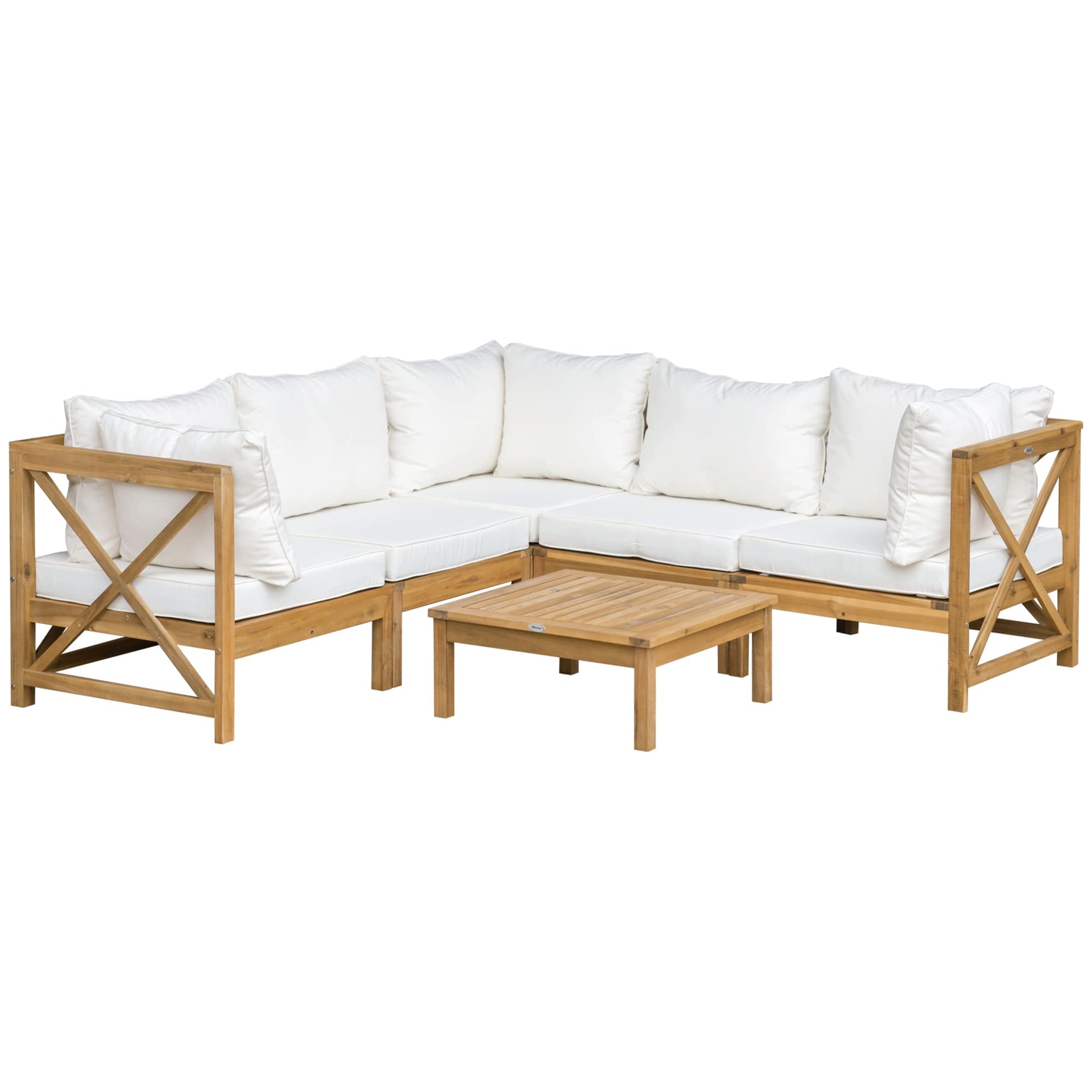 Outsunny 6 Piece Wood Patio Furniture Set, Outdoor Sectional Sofa with Cushions and Coffee Table, Acacia Wood Conversation Set Couch, Cream White - WoodArtSupply