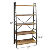 5 Tier Ladder Bookshelf, Heavy Duty Rustic Brown Wood and Metal Bookcase with 1.2" Thick Shelves, 63" H x 30" W x 14" D, Industrial Open Storage Shelving for Living Room, Bedroom, Kitchen TooCust