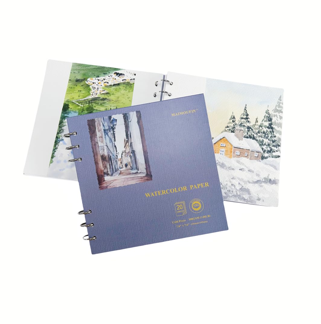 MAIMOUFIN Watercolor Journal,100% Cotton Watercolor Paper, 7.6" x 7.6",20 Sheets（140LB/300GSM） Cold Press, Hardcover Square Loose-Leaf Watercolor Sketchbook Pad for Artists, Art Lovers (Cold Press) MAIMOUFIN