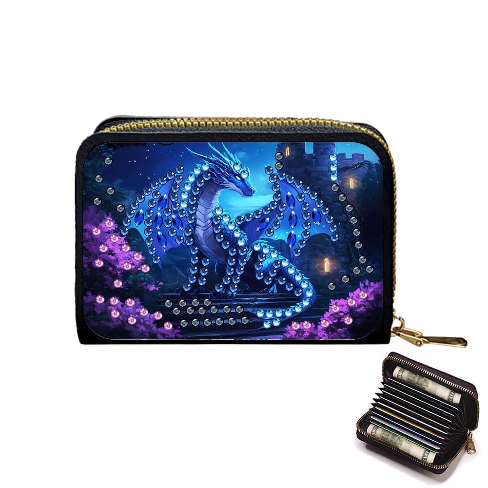 DIY Diamond Art Painting Kit - PU Leather Credit Card Holder Wallet & Coin Purse with Dragon Pattern, Zipper Organizer 4.33x3.14in for Adults Santiway