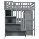 Full Size Wood Loft Bed with Desk,Wardrobe and Stairs, Bookshelf and Drawers,for Kids Teens Adults Bedroom Use (Gray#X, Full) Brabrety