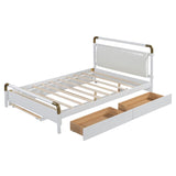 Ball & Cast Wooden Storage Platform Bed Queen Size,Bedframe with T-XL Trundle and 2 Big Drawers,Bedroom Furniture w/PU Leather Backrest & Slat Support,for Apartment,Living Room,White Ball & Cast