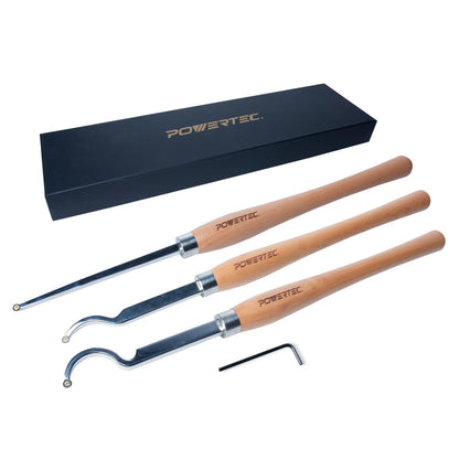 POWERTEC 71827 Carbide Tipped Woodturning Tool 3 Piece Set with Straight, Shallow Swan Neck & Deep Swan Neck for Deep Hollowing Work, Wood Lathe Chisel with Replaceable Tips - WoodArtSupply