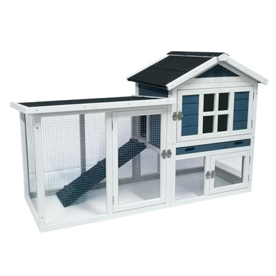 RUNSHED Rabbit Hutch 2-Story Bunny Cage Small Animal House for Indoor Outdoor Wooden Rabbit Cage with No Leak Tray Waterproof Roof (56.8" L x 22.5" W x 34.7" H, Grey Blue&White)