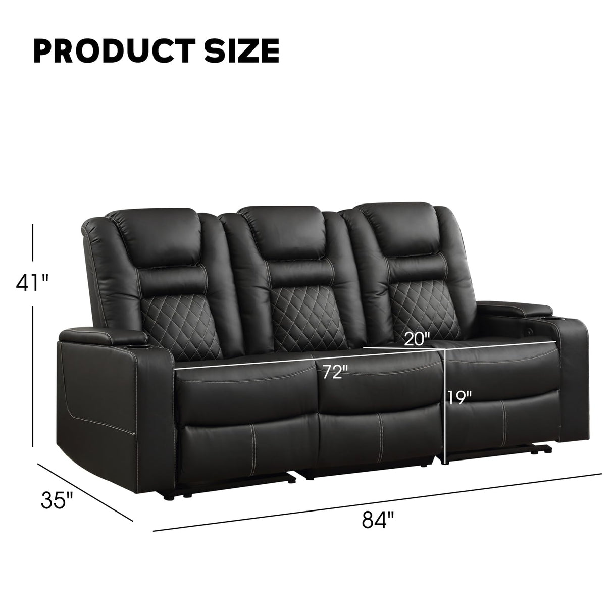 EBELLO Home Theater Seats, Faux Leather Movie 3 Seat Recliner Sofa with Hidden Arm Storage, Power Gaming Reclining Sofa with USB Charge and Cup Holders EBELLO