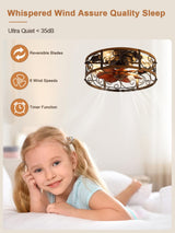 Curve Curio 18 Inch Farmhouse Caged Ceiling Fan with Light, Rustic Style Flush Mount Low Profile Ceiling Fan for Kitchen, Bedroom Curve Curio