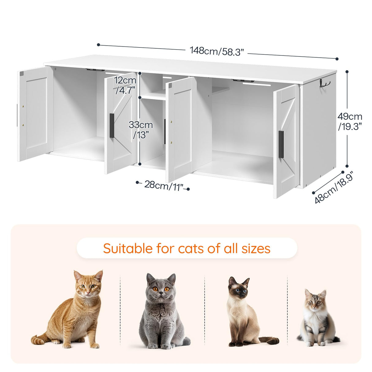 HOOBRO 58.3" Cat Litter Box Enclosure, Litter Box Furniture for 2 Cats, Cat House with Corridor, TV Stand with Storage, Double Litter Box Cabinet with Hooks, Wooden Cat Furniture, White WT15MW01 HOOBRO