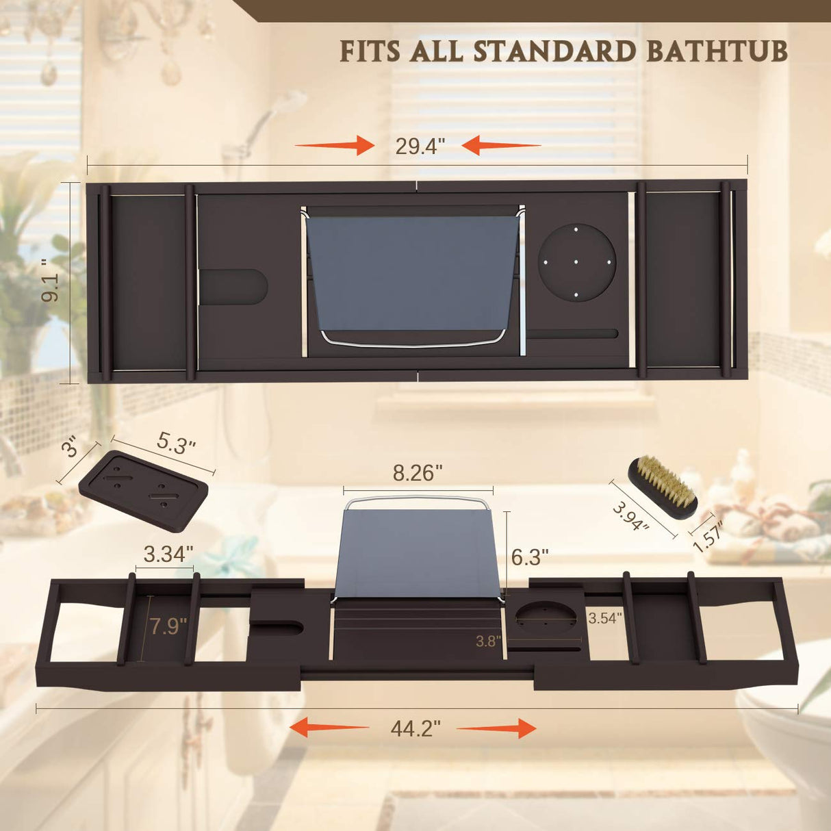 Bathtub Caddy Tray for Luxury Bath - Bamboo Waterproof Expandable Bath Table Over Tub with Wine and Book Holder and Free Soap Dish (Brown) Bamfan
