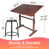 Falling in Art Wooden Drafting Table and Stool Set, Walnut 30" x 42" Adjustable Height and Angle Solid Wood Drawing Desk for Adults, Artist Craft Table for Painting Artwork, Reading, and Writing Falling in Art