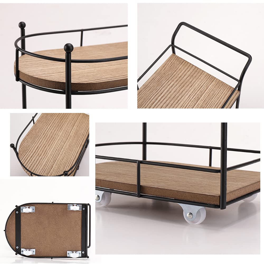 SunArtHome Two-Tier Matte Black Metal Wire/Wood Coffee Bar Cart - Mini Rolling Utility Cart Tiered Tray - for Coffee Bar Table Organizer,Home Kitchen Shelf, Farmhouse Décor SunArtHome