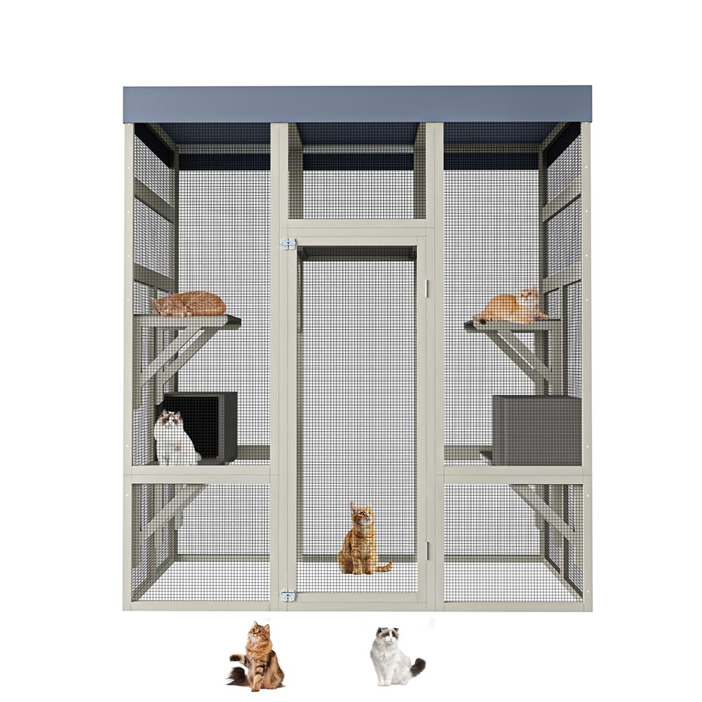 70" Wooden Catio Outdoor Cat Enclosure, Gray Extra Large Cat House for Multiple Cats with 2 Jumping Platforms & 2 Napping Houses, Movable Tarp Cover HarmonyHealth