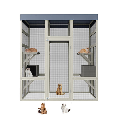 70" Wooden Catio Outdoor Cat Enclosure, Gray Extra Large Cat House for Multiple Cats with 2 Jumping Platforms & 2 Napping Houses, Movable Tarp Cover
