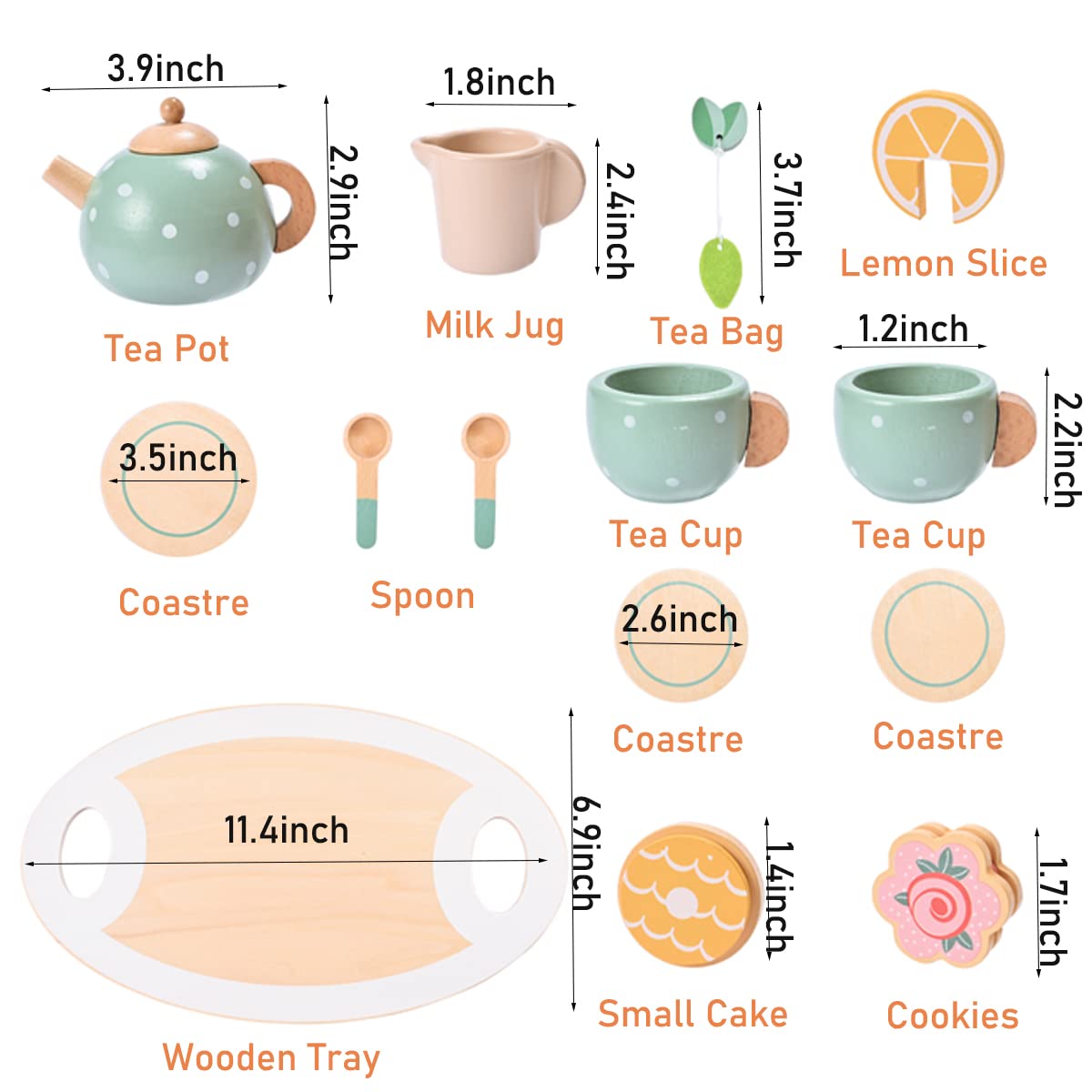 15pcs Wooden Tea Set for Little Girls, MONT PLEASANT Wooden Toys, Toddler Tea Set Play Kitchen Accessories Play Food playset for Kids Tea Party MONT PLEASANT