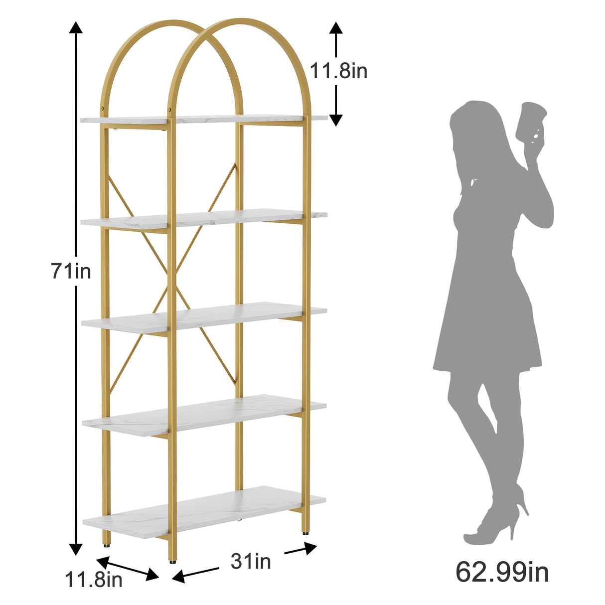 Arbuxzuy Arched Bookshelf 5 Tier Book Shelf, 31.5 Inch Width Industrial Arch Bookcase, Curved Tall Bookshelf with Open Shelves for Home Office, Living Room, Bedroom, Gold Arbuxzuy