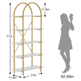 Arbuxzuy Arched Bookshelf 5 Tier Book Shelf, 31.5 Inch Width Industrial Arch Bookcase, Curved Tall Bookshelf with Open Shelves for Home Office, Living Room, Bedroom, Gold Arbuxzuy