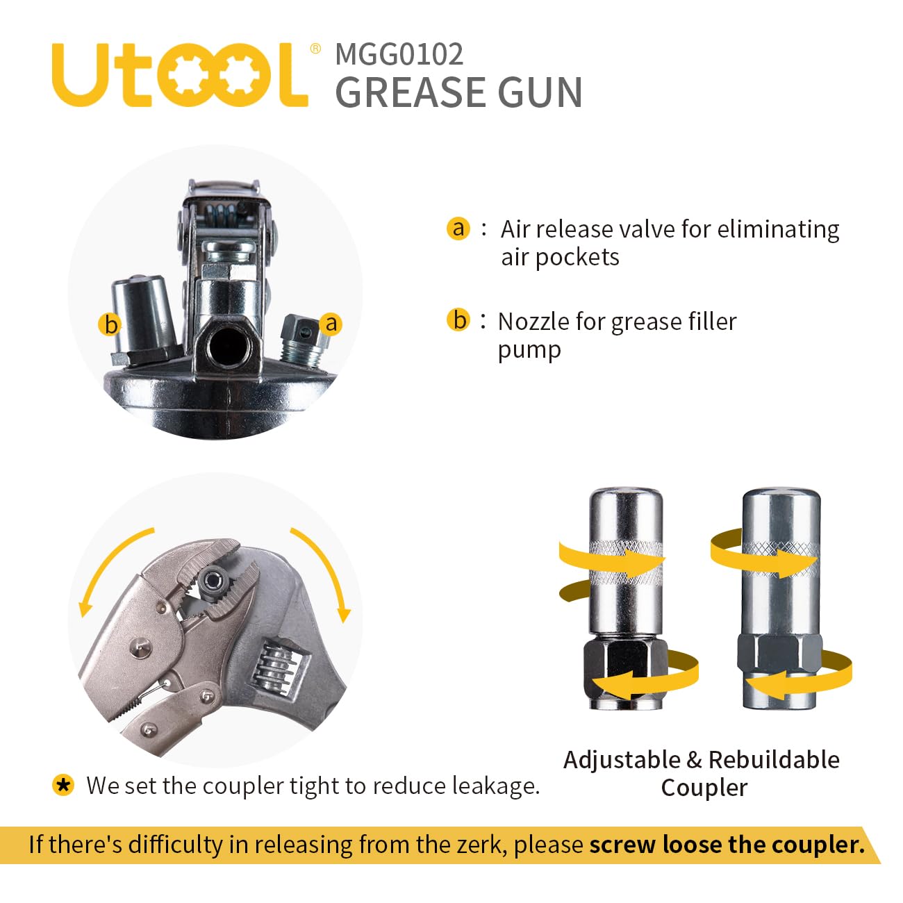 UTOOL Grease Gun, 8000 PSI Heavy Duty Pistol Grip Grease Gun Kit with 14 oz Capacity, 18 Inch Resin Flex Hose, 2 Basic Coupler, 2 Extension Rigid Pipe and 1 Sharp Type Nozzle - WoodArtSupply