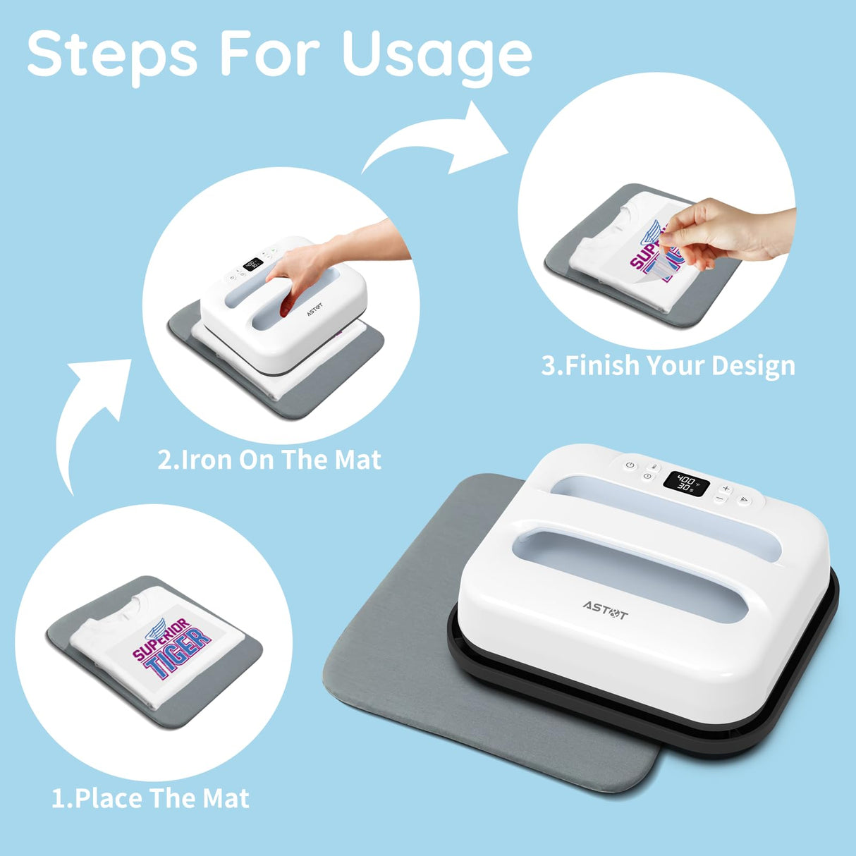 AST&T Heat Press Machine 12" x 10" Portable & Easy Heat Press for for T-Shirts, Pillows, Tote Bags & More White (Heat Press+Mat) AST&T