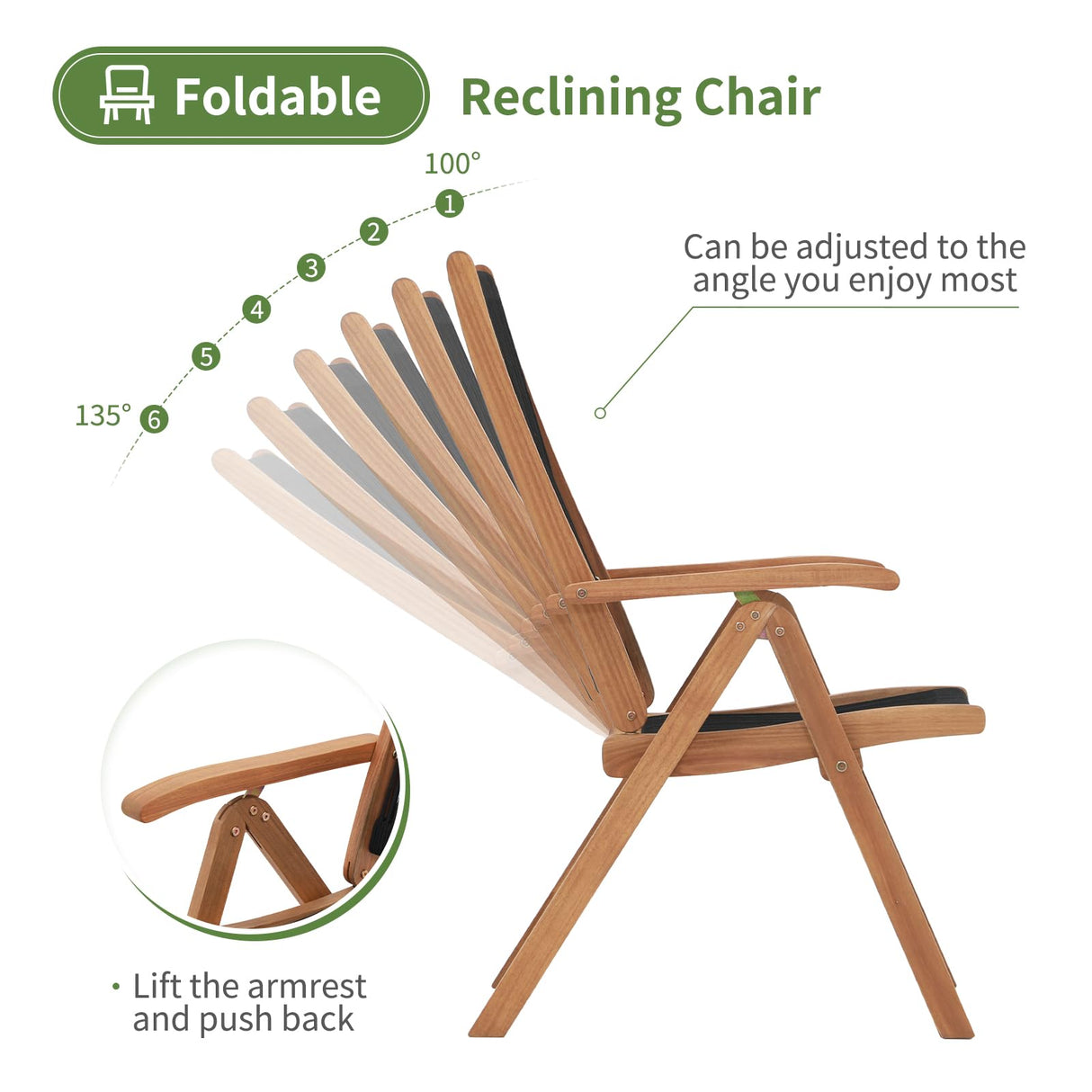 OC Orange-Casual Folding Patio Dining Chair Set of 2, Outdoor Acacia Wooden Rope Reclining Chair w/Armrest, FSC Certified Wood, for Porch, Backyard, Garden, Indoor, Black OC Orange-Casual