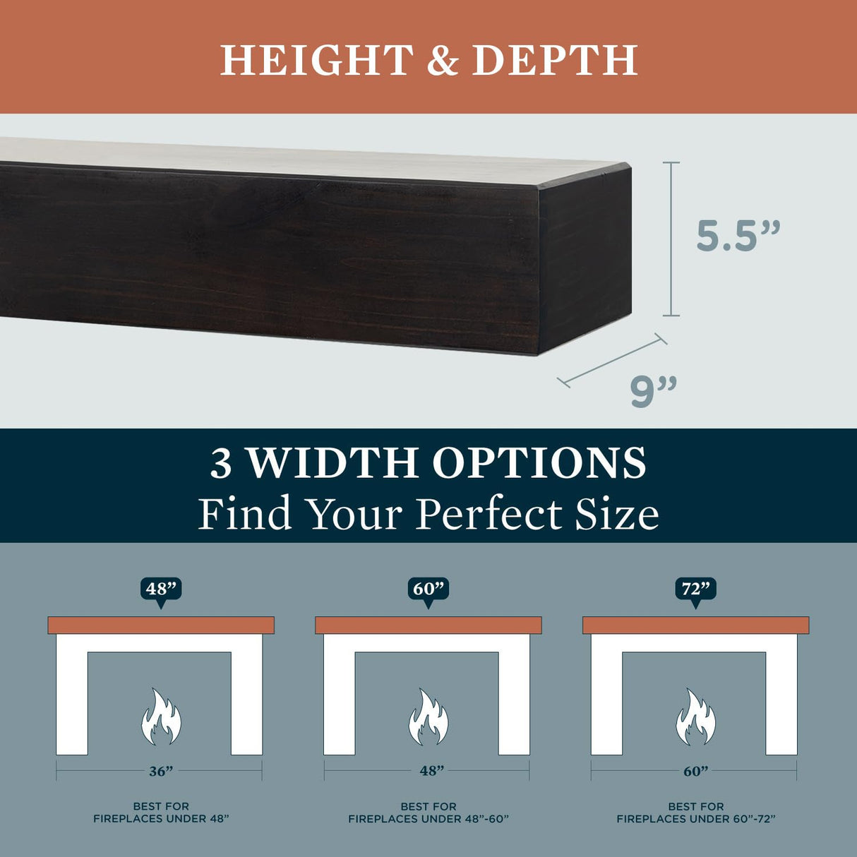 MANTELSDIRECT Dakota 72 Inch Pine Wood Floating Fireplace Mantel Shelf - Coffee Bean Brown | 9" Depth - Beautiful Wooden Rustic Mantel for Fireplaces, Living Rooms, Electric Fireplaces, and Below TVs MANTELSDIRECT