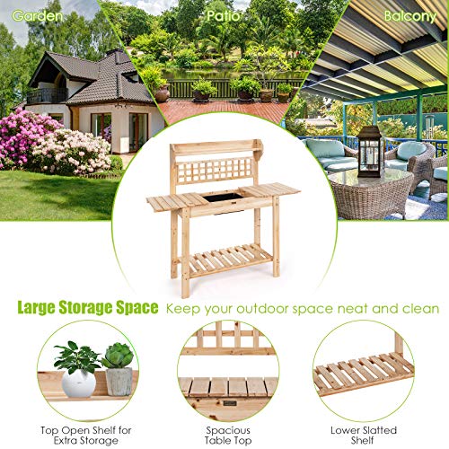 Giantex Garden Potting Bench, Outdoor Wood Work Table w/Sliding Tabletop, Planter Bench Work Station w/Removable Sink & Storage Shelves for Backyard Patio Balcony, Natural Giantex