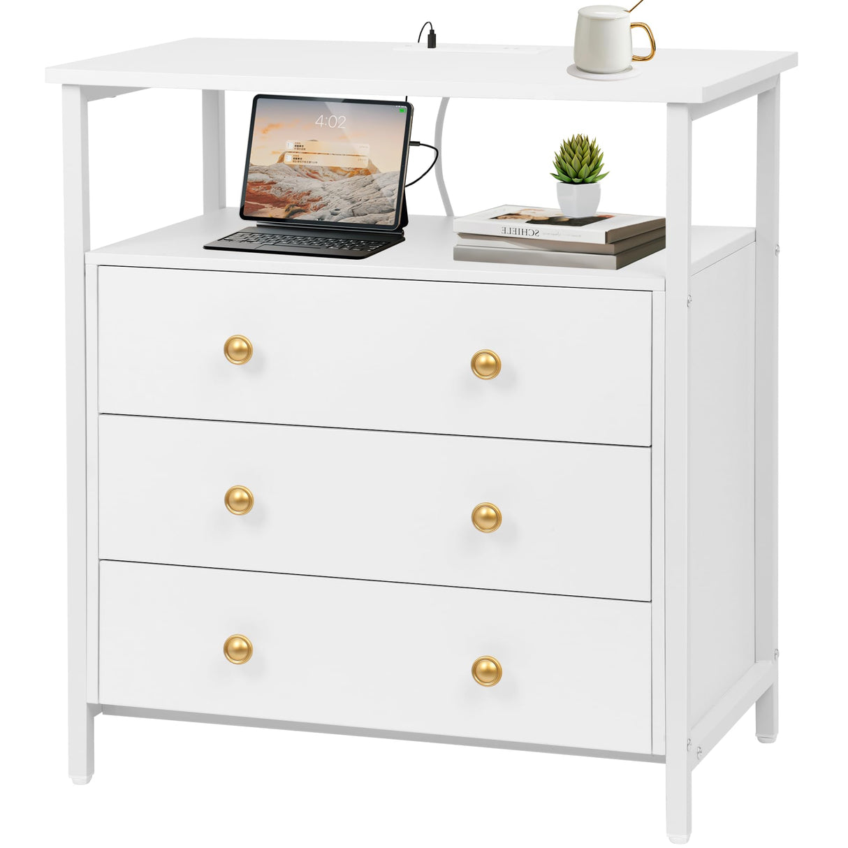 Edbuosy 3 Wooden Drawers Night Stand, 27 Inch Wide Nightstand with Charging Station and Adjustable Drawers, Small Dresser for Closet, Bedside Table for Living Room/Bedroom/Office, White. Edbuosy