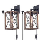 VILUXY Wood Wall Sconces Retro Industrial Rectangle Bedside Wall Sconce Plug-in Cord with Switch Lighting Fixture Black Wall Lamp for Bedroom, Hallway, Entryway, Passway, Dining Room 2 Pack VILUXY
