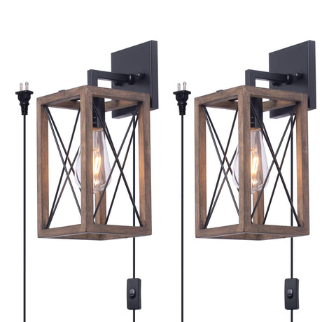 VILUXY Wood Wall Sconces Retro Industrial Rectangle Bedside Wall Sconce Plug-in Cord with Switch Lighting Fixture Black Wall Lamp for Bedroom, Hallway, Entryway, Passway, Dining Room 2 Pack VILUXY