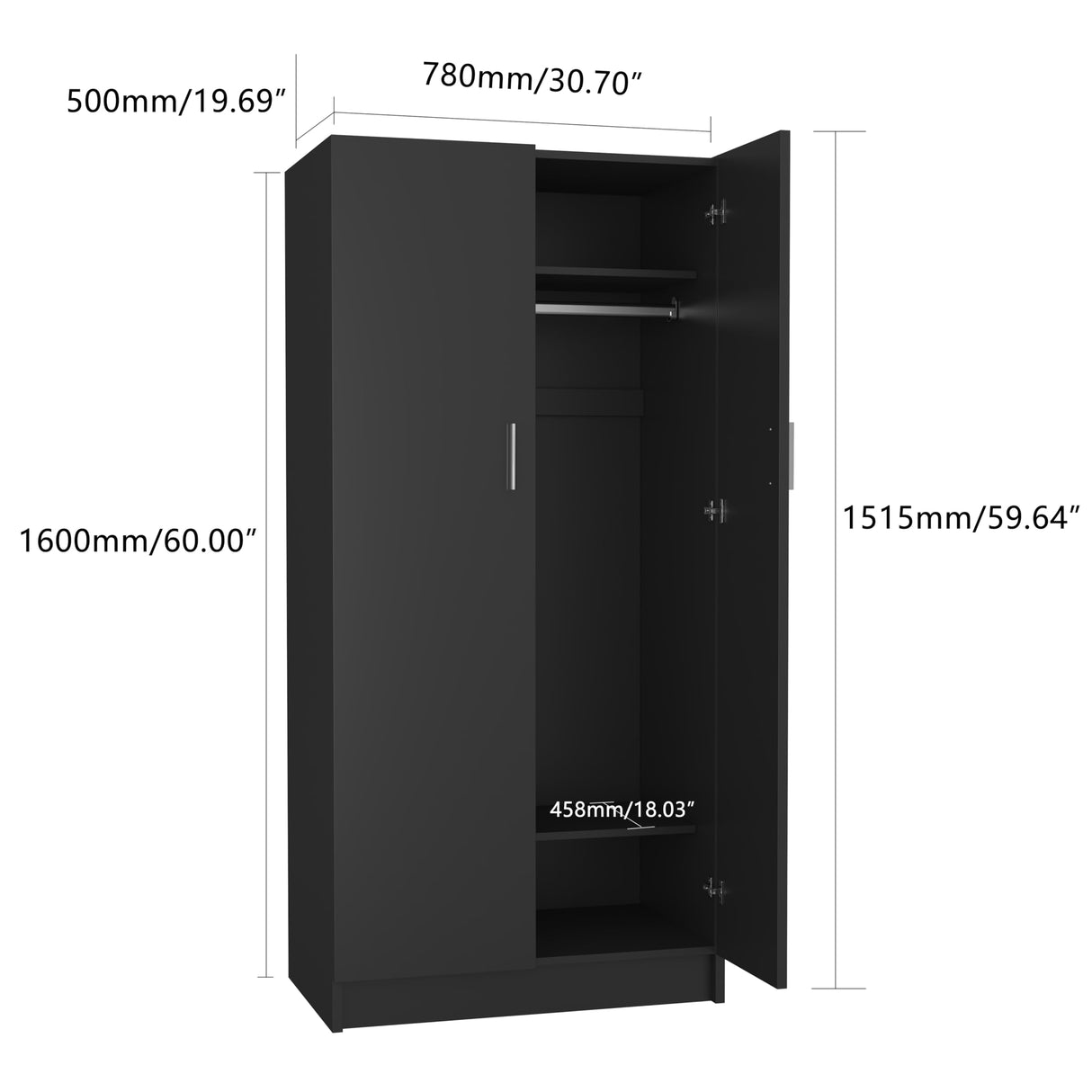 Panana 2 Door Wardrobe Closet Bedroom Armoires with 2 Shelves Storage, Hanging Rail for Bedroom (Black) Panana