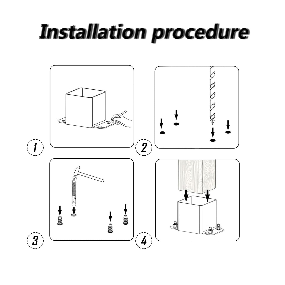 Voittozege 4 Pcs 4x4 Post Bracket Anchor Base, Deck Post Brackets Heavy Duty Wood Post Support Kit Black Powder Coated Heavy Fence Post for Wood Fence, Deck, Pergola and Mailbox Support Brackets Voittozege