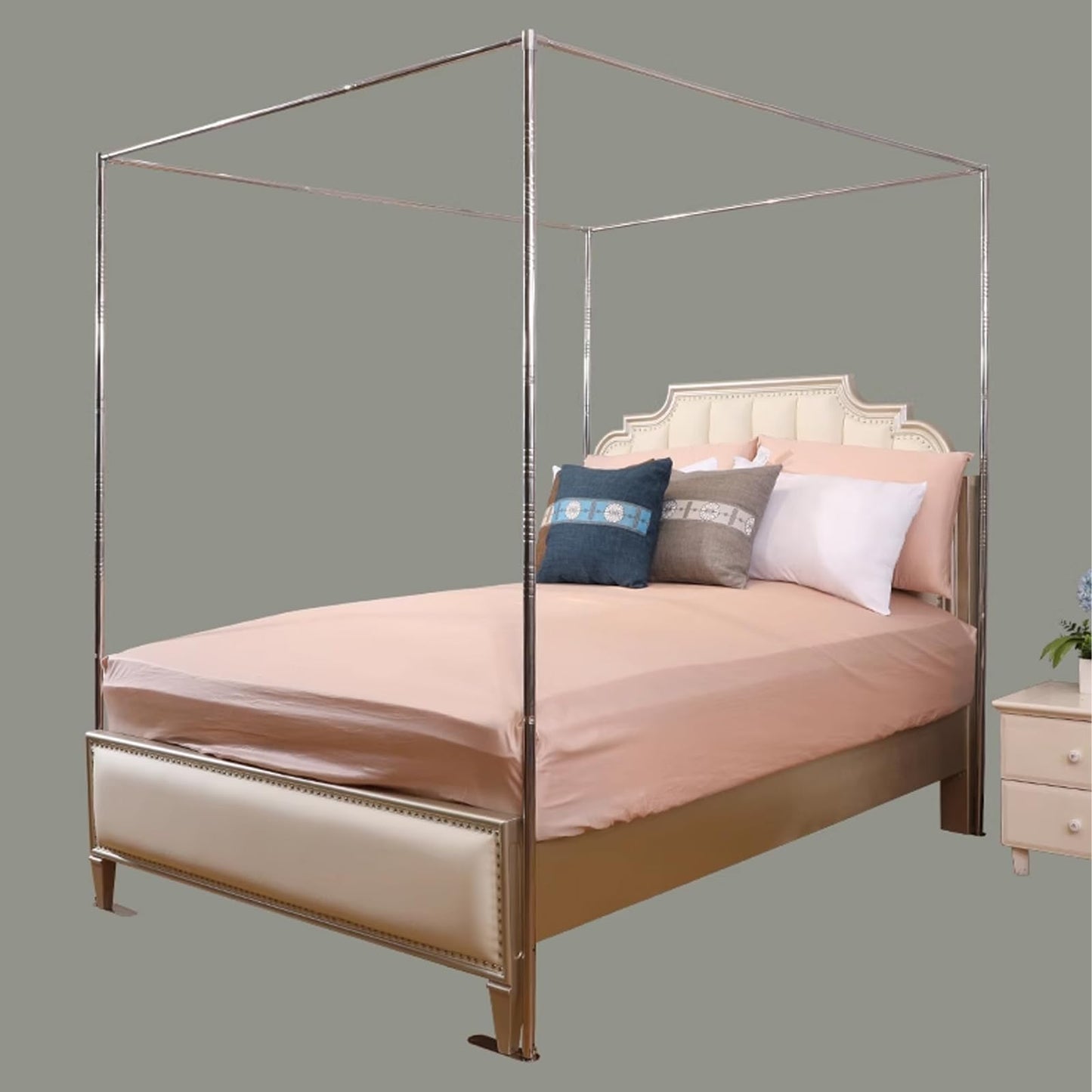 VELSKUD Canopy Bed Frame King, Stainless Steel Four Corner Bed Canopy Poles Mosquito Net Frame Bracket Fit for Metal Bed Wood Bed, Stainless Steel Canopy Bed Frame King Size