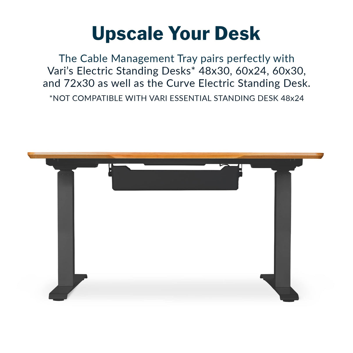Vari Cable Management Tray - Under Desk Cord & Wire Organizer - Ideal for Home Office Sit Stand Desks - Fits Adjustable Electric Standing Desk 48x30, 60x30, 60x24, 72x30 - Easy Assembly (Black) Vari