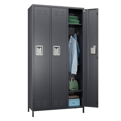 SUPEER Metal Employee Lockers with 3 Doors,Metal Locker with 9 Hooks for Office Gym Garage Home,Assembly Required,Dark Grey