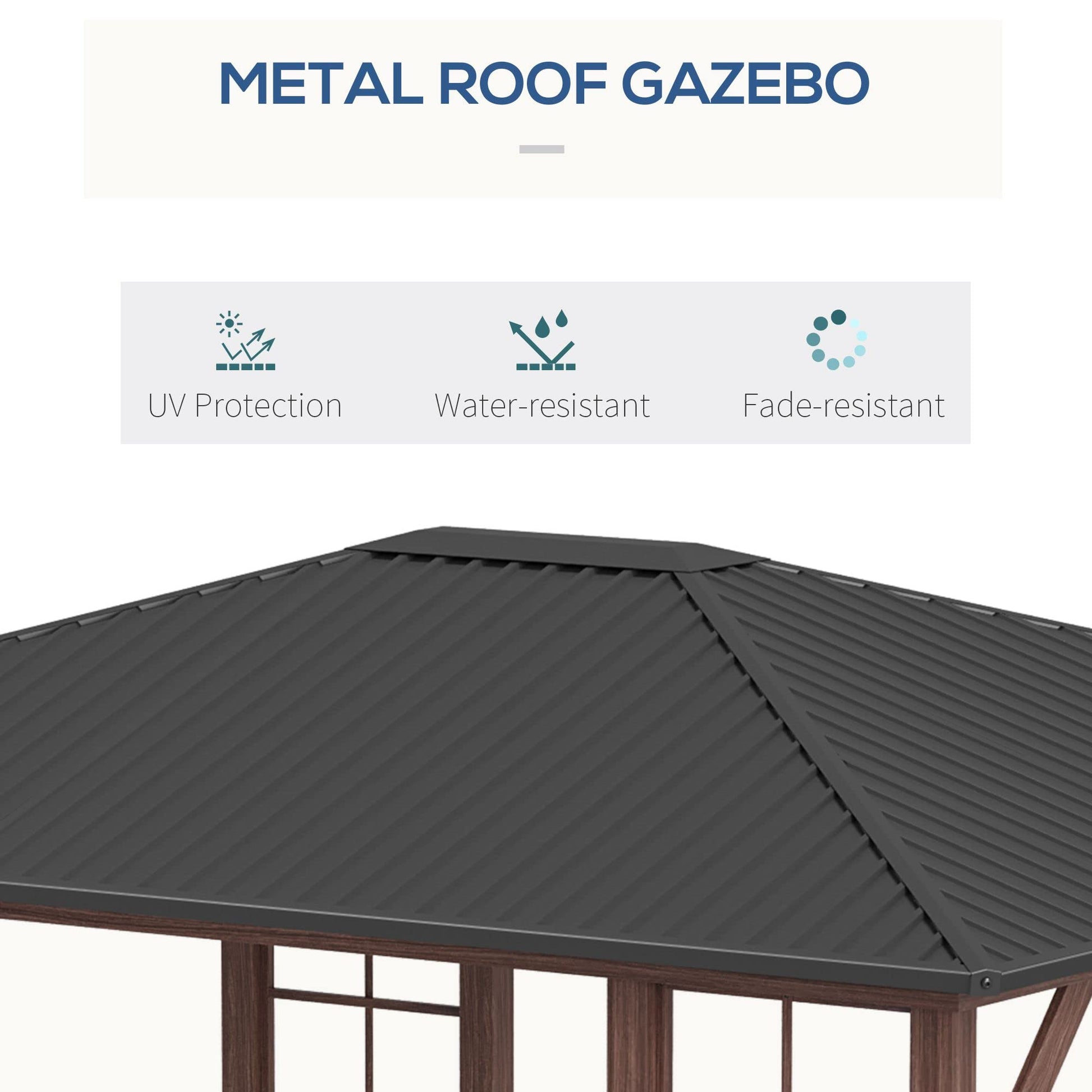 Outsunny 10' x 12' Hardtop Gazebo with Galvanized Steel Roof, Wood Grain Steel Frame, Heavy Duty Permanent Pavilion Outdoor Gazebo, for Garden, Patio, Backyard, Deck, Lawn - WoodArtSupply