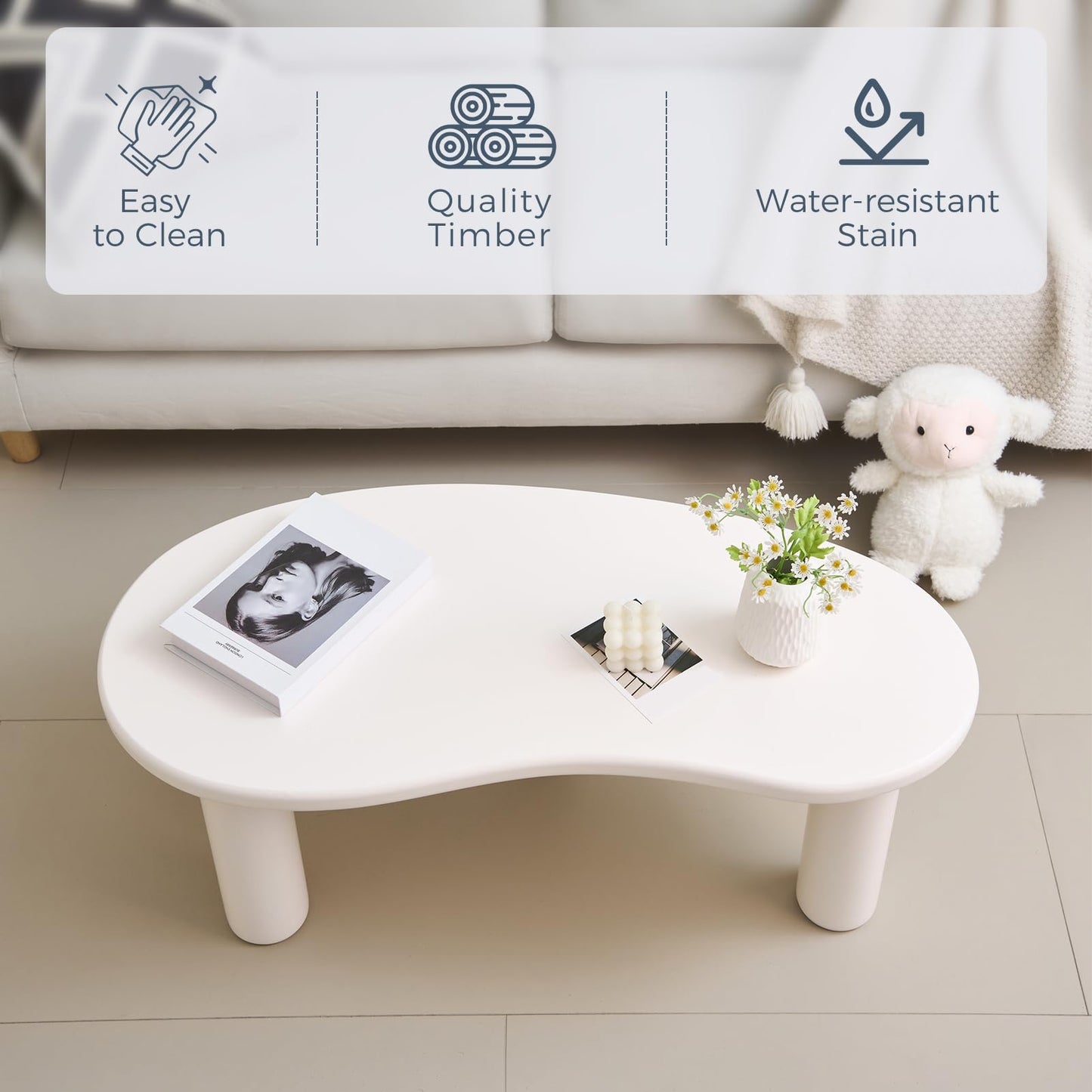 35.4 "Coffee Table, Irregular Cashew Shaped Coffee Table, Cute Cloud Coffee Table, Central Rounded Low Table, Modern Coffee Table for Living Room, Easy Assembly