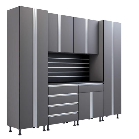 Premium Garage Cabinets 9' Storage Sets Solution with Adjustable Legs, Soft-Close Drawer & Door, Integrated Handles, Heavy Duty Plywood Box Construction, Tool and Equipment Organizer (Combo 9CS-012B) DOWNFORCE GARAGE CABINETS