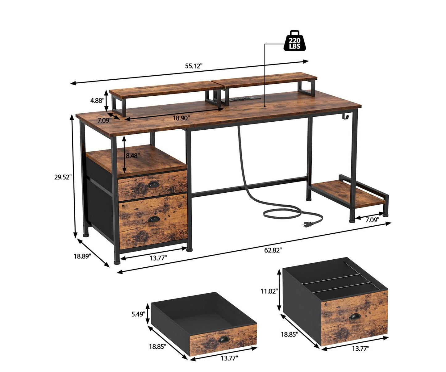 Furologee Desk with Drawer and Power Outlets, 55" Large Compter Desk with Fabric File Cabinet and 2 Movable Monitor Shelf, Writing Gaming Table with CPU Stand and 2 Hooks for Home Office, Rus - WoodArtSupply