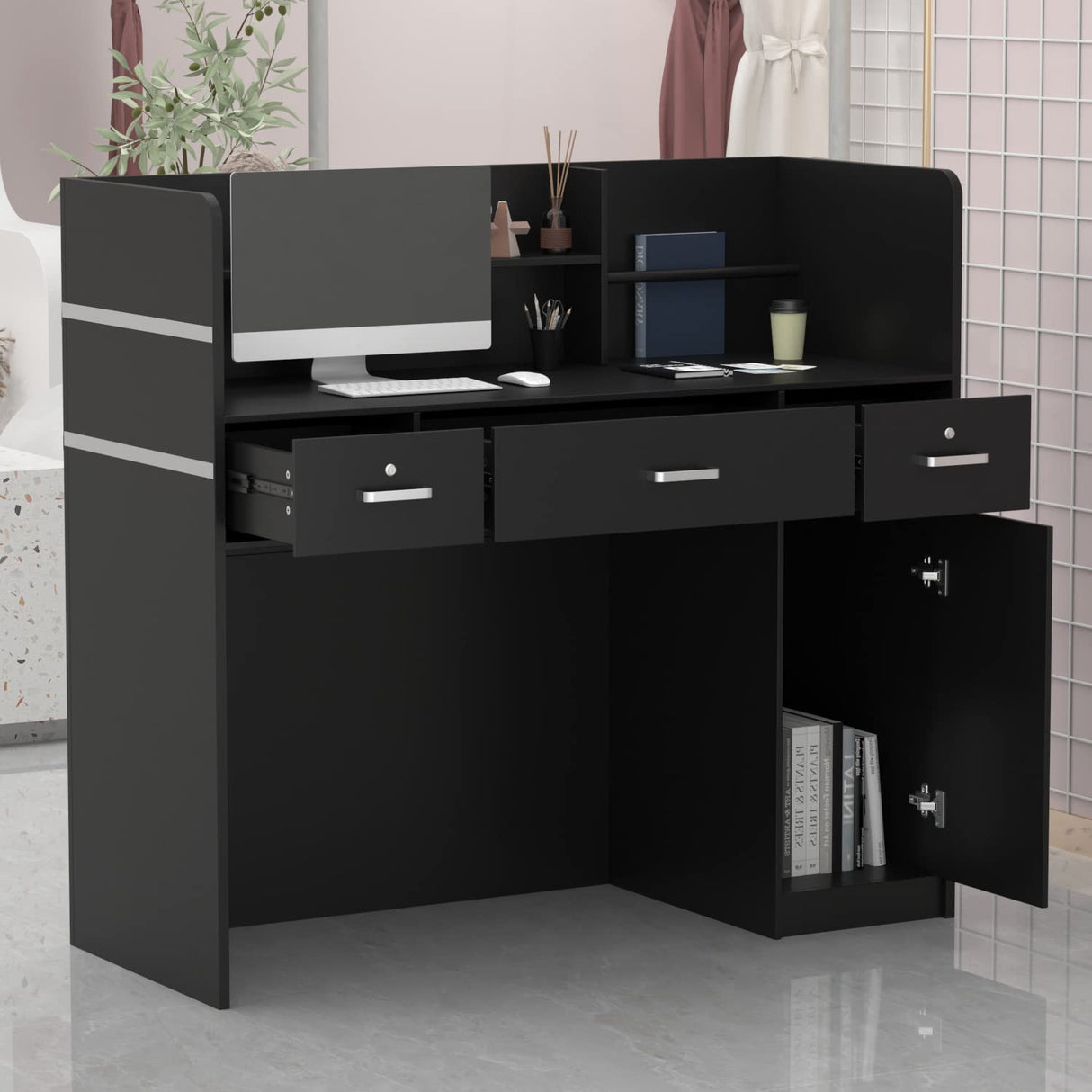 AGOTENI Reception Desk Reception Stations with Open Shelf & Drawers, Wooden Counter Desk with Lockable Drawer for Office Reception Room (Black) AGOTENI