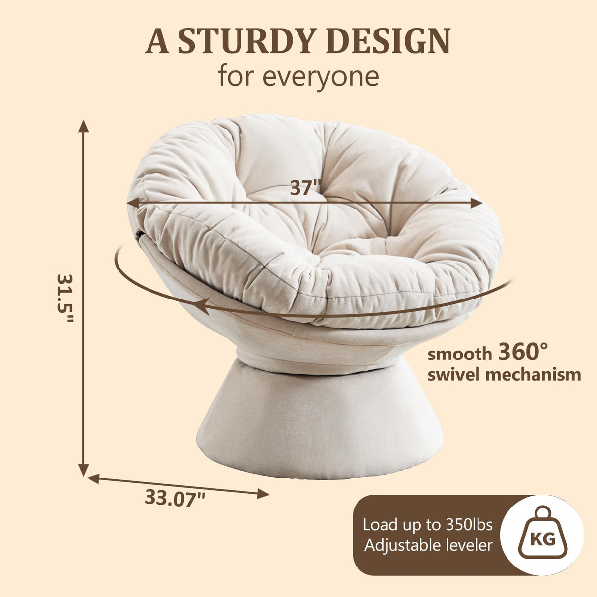 Papasan Chair,Papasan Chair with Cushion and Frame,Comfy Chenille Upholstered Round Reading Chair,Oversized 360° Swivel Accent Chair with Metal Base Lazy Chair for Bedroom,Living Room,Light Beige WIIS' IDEA