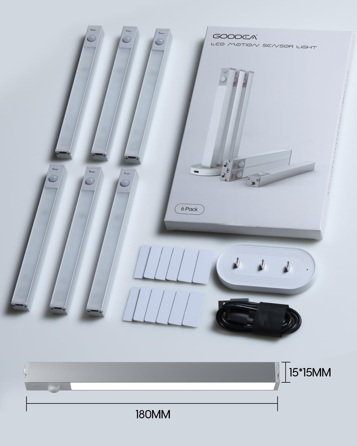 Goodea 6 Pack Led Under Cabinet Lights Wireless with Charging Station, 7’’ Rechargeable Motion Sensor Light Indoor, Dimmable Closet Lights for Cabinets, Bookshelf, Stair, Hallway Goodea