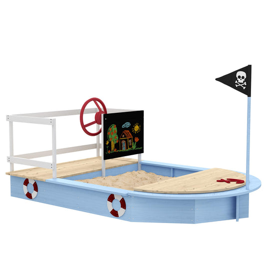 Outsunny Wooden Sandbox, Kids Pirate Ship Outdoor Sandbox with Blackboard, Flag, Rudder, Anchor Sign, Storage Deck, Sand Pit for Toddler 3-7, 68" x 44" x 39", Blue