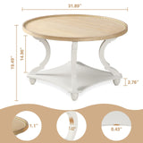 Wnutrees Farmhouse Round Coffee Table, Rustic Circle Coffee Table with Wood Tray Top for Living Room, Boho Coffee Table with Storage Shelf, Handcrafted Finish, White Wnutrees
