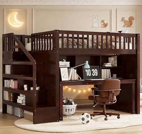 Bellemave Full Loft Bed with Stairs and Movable Desk and Shelves, Wood Loft Bed with Storage Stairs for Kids, Teens, Adults, Espresso Bellemave